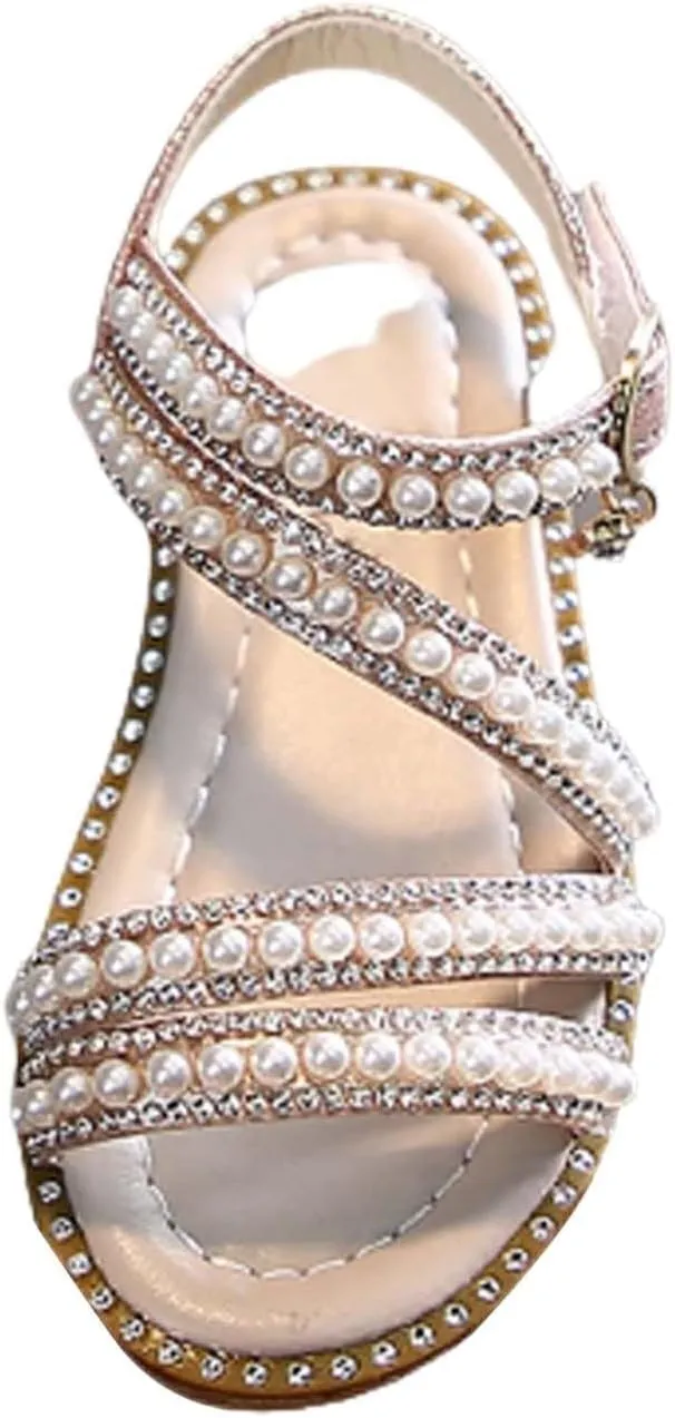 Girls Sandals Rhinestone Strappy Summer Open Toe Flats Pearl Shoes Dress Sandals for Toddler Little Kid Big Kid