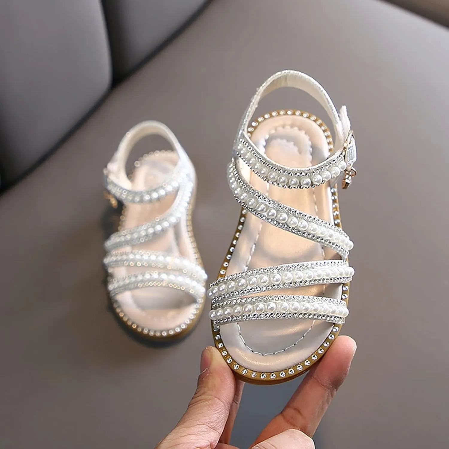 Girls Sandals Rhinestone Strappy Summer Open Toe Flats Pearl Shoes Dress Sandals for Toddler Little Kid Big Kid
