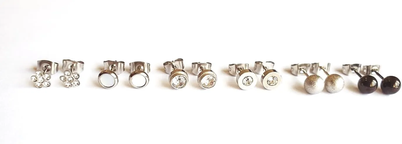 GLORY Anti- Allergic Stainless Steel Silver Stud Earring Color With Zircon,Shell,Plastic Pearl stone for Women 6Pairs/Box model G8