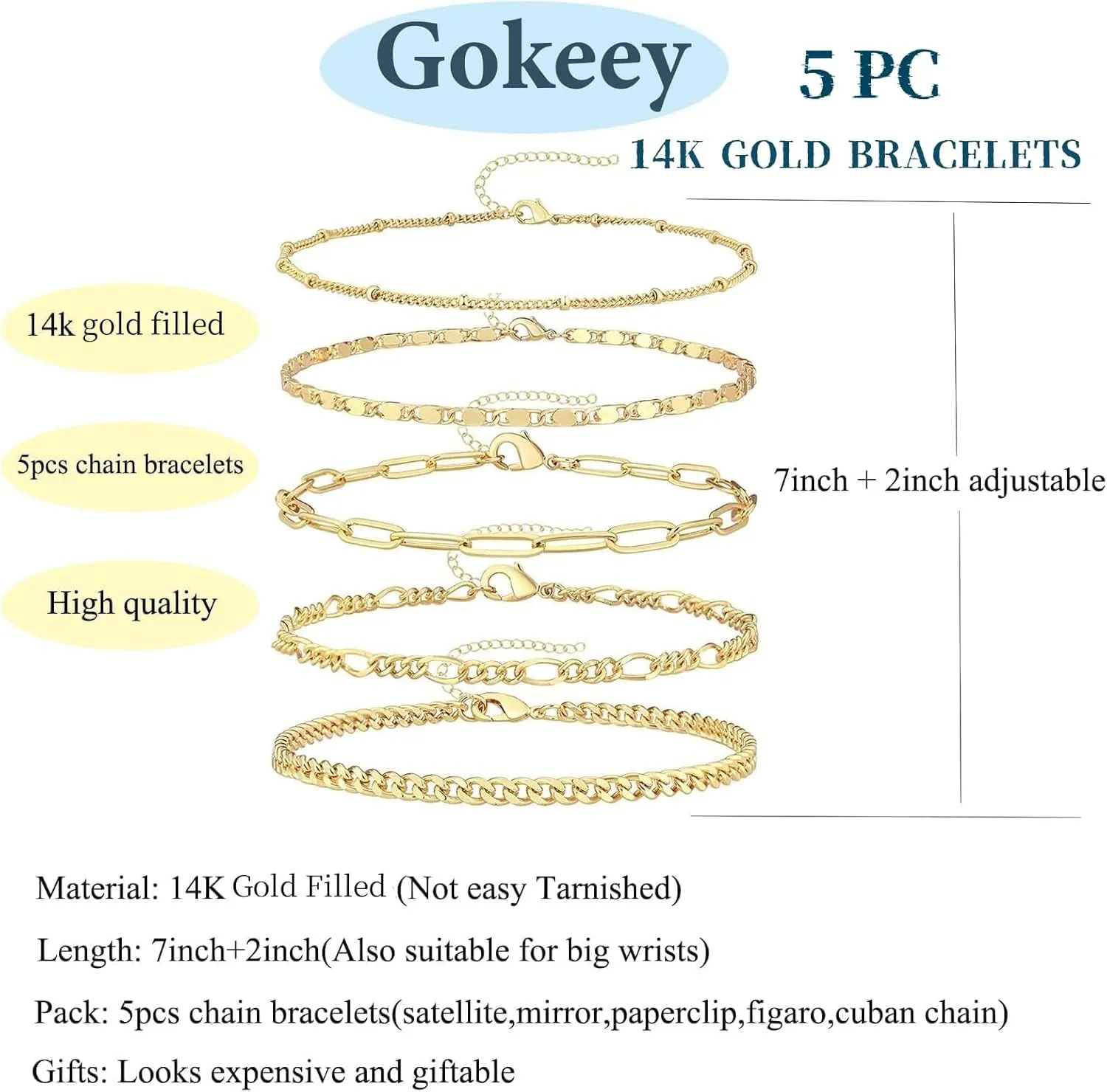Gold Bracelets for Women Trendy,14K Real Gold Plated Dainty Stackable Paperclip Cuban Link Chain Bracelets,Cuff Bracelets Jewelry Set Adjustable 7" 2"