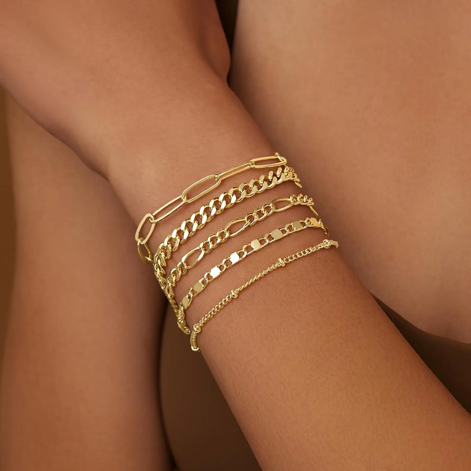 Gold Bracelets for Women Trendy,14K Real Gold Plated Dainty Stackable Paperclip Cuban Link Chain Bracelets,Cuff Bracelets Jewelry Set Adjustable 7" 2"