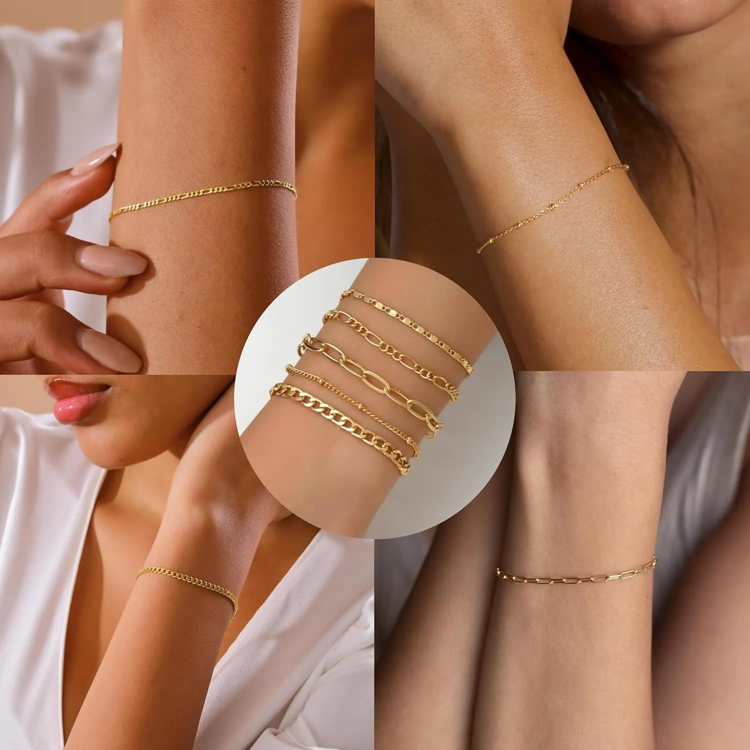Gold Bracelets for Women Trendy,14K Real Gold Plated Dainty Stackable Paperclip Cuban Link Chain Bracelets,Cuff Bracelets Jewelry Set Adjustable 7" 2"