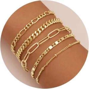 Gold Bracelets for Women Trendy,14K Real Gold Plated Dainty Stackable Paperclip Cuban Link Chain Bracelets,Cuff Bracelets Jewelry Set Adjustable 7" 2"