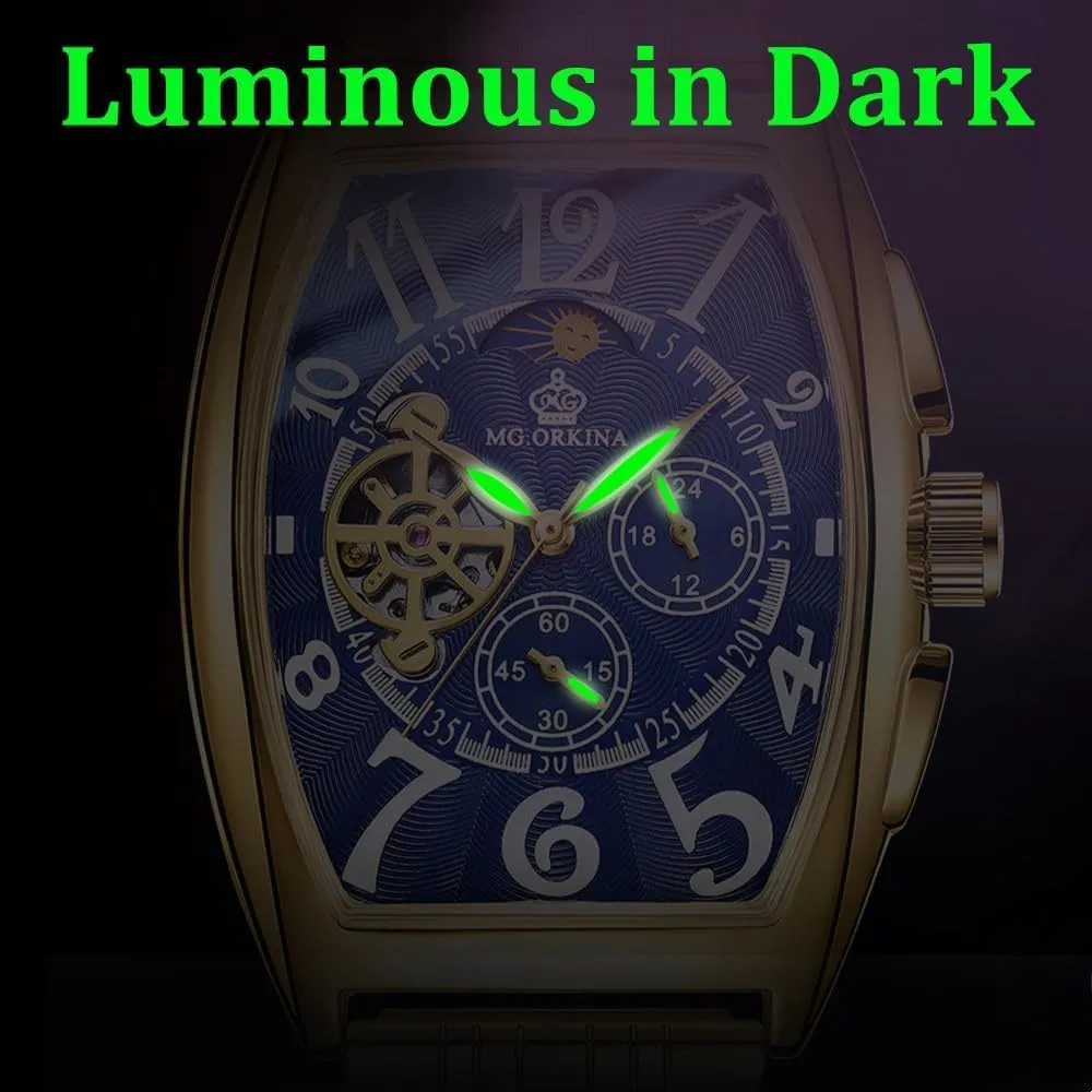 Gold Case Big Square Dial Automatic Watch Men Skeleton Mechanical Wristwatch Stainless Steel Band Male Clock