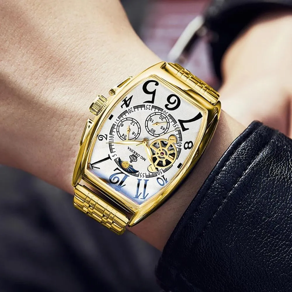 Gold Case Big Square Dial Automatic Watch Men Skeleton Mechanical Wristwatch Stainless Steel Band Male Clock