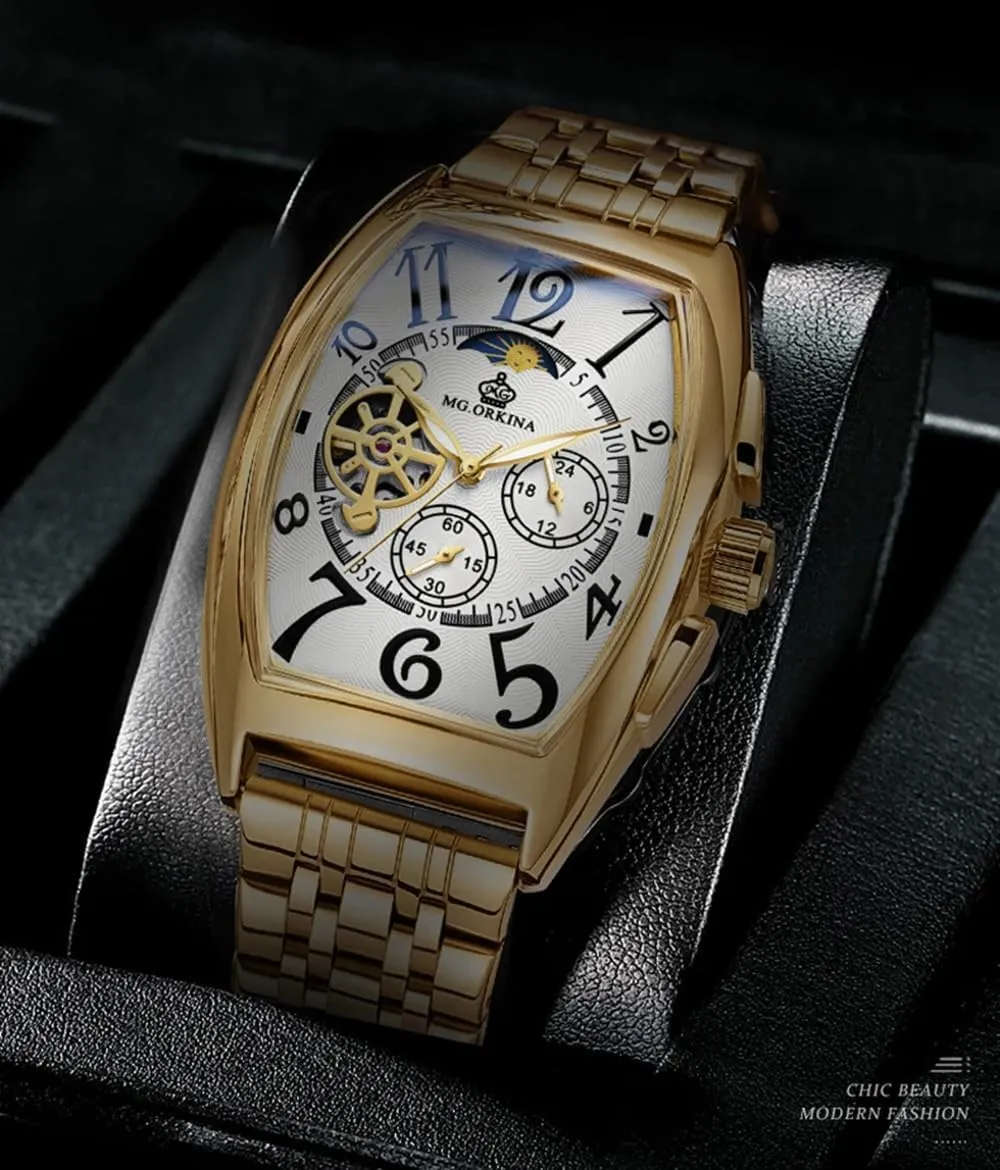 Gold Case Big Square Dial Automatic Watch Men Skeleton Mechanical Wristwatch Stainless Steel Band Male Clock