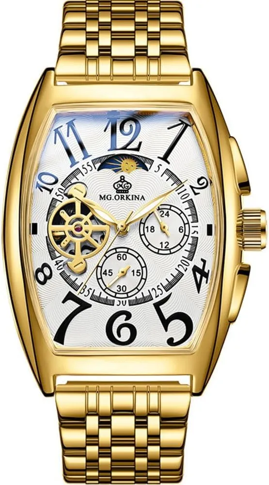 Gold Case Big Square Dial Automatic Watch Men Skeleton Mechanical Wristwatch Stainless Steel Band Male Clock