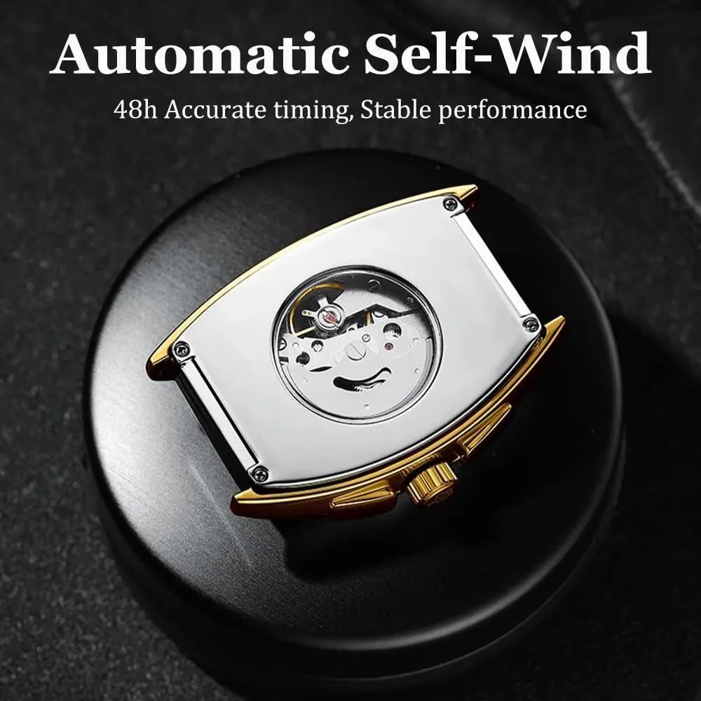 Gold Case Big Square Dial Automatic Watch Men Skeleton Mechanical Wristwatch Stainless Steel Band Male Clock