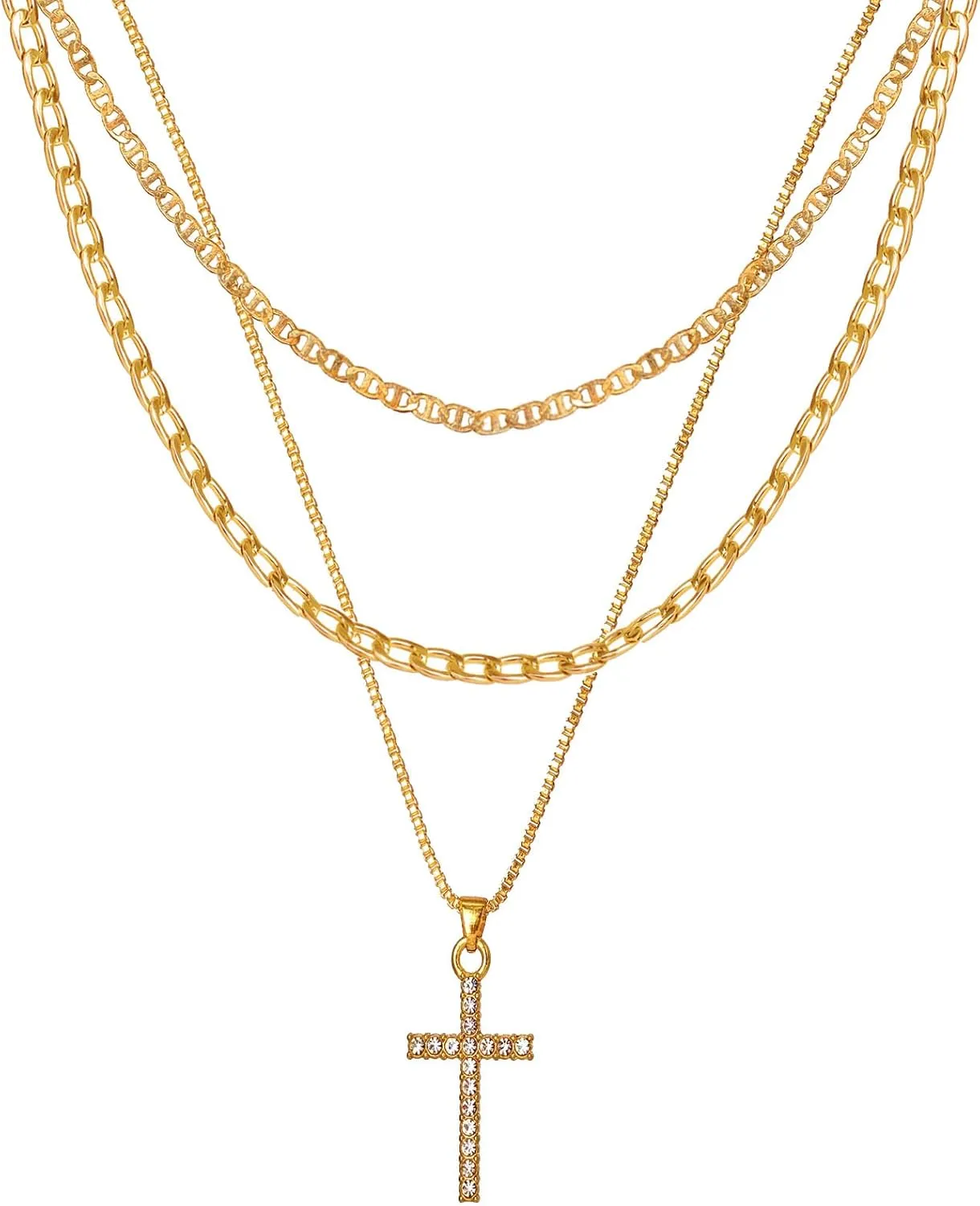 Gold Cross Necklace for Women Adjustable Layered Box Chain Cuban Flat Mariner Necklaces Dainty CZ Diamond Cross Pendant Simple Jewelry Gift