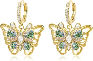 Gold Dangle Butterfly Earrings for Women with Colorful Cubic Zirconia Elegant CZ Hollow Butterfly Huggie Hoop Earrings Drop Intersect Fairy Butterfly Earrings Spring Summer Jewelry Gift for Her