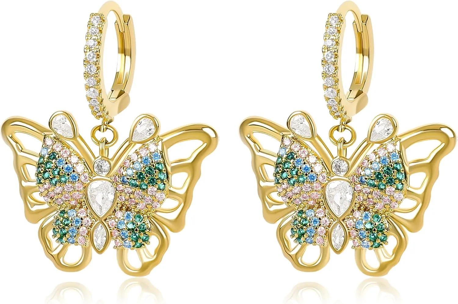 Gold Dangle Butterfly Earrings for Women with Colorful Cubic Zirconia Elegant CZ Hollow Butterfly Huggie Hoop Earrings Drop Intersect Fairy Butterfly Earrings Spring Summer Jewelry Gift for Her