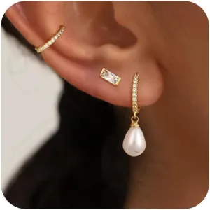 Gold Earrings for Women, Trendy Pearl Earrings 14k Gold Errings Set Dangle Drop Hoops Huggies Earrings Studs Cuffs Small Dainty Cubic Zirconia Lightweight Earrings Jewelry Gift for Women