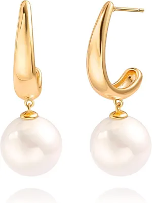 Gold Huggie Hoop Earrings with Charms Fashion Pearl Drop Dangle Earrings for Women Handmade Karma Circle Jewelry for Ladies Lightweight Pearl Earrings on Christmas
