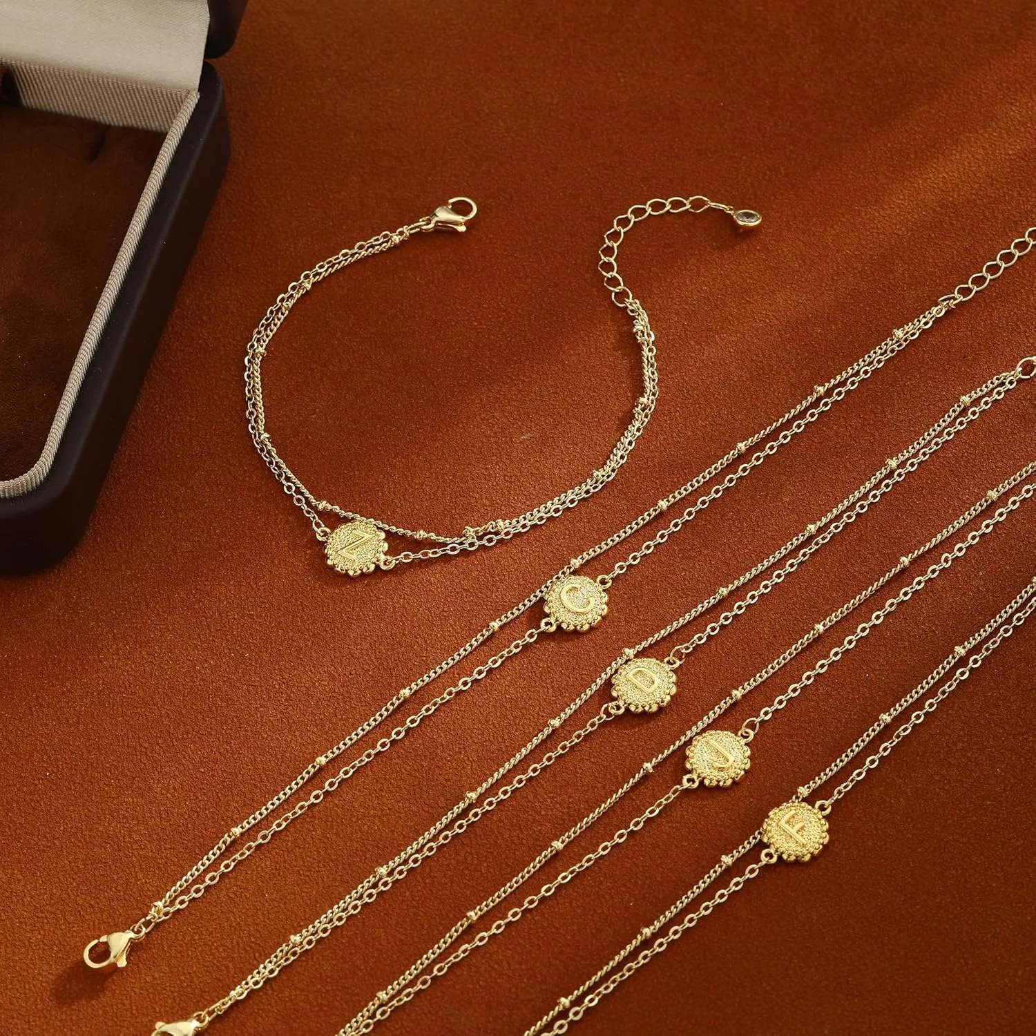 Gold Initial Bracelets for Women 14K Gold Plated Dainty O Chain satellite Chain initial Bracelet for Women Trendy Gold Stackable Cuff Bracelets Jewelry Gifts for Women Adjustable 7" 2"