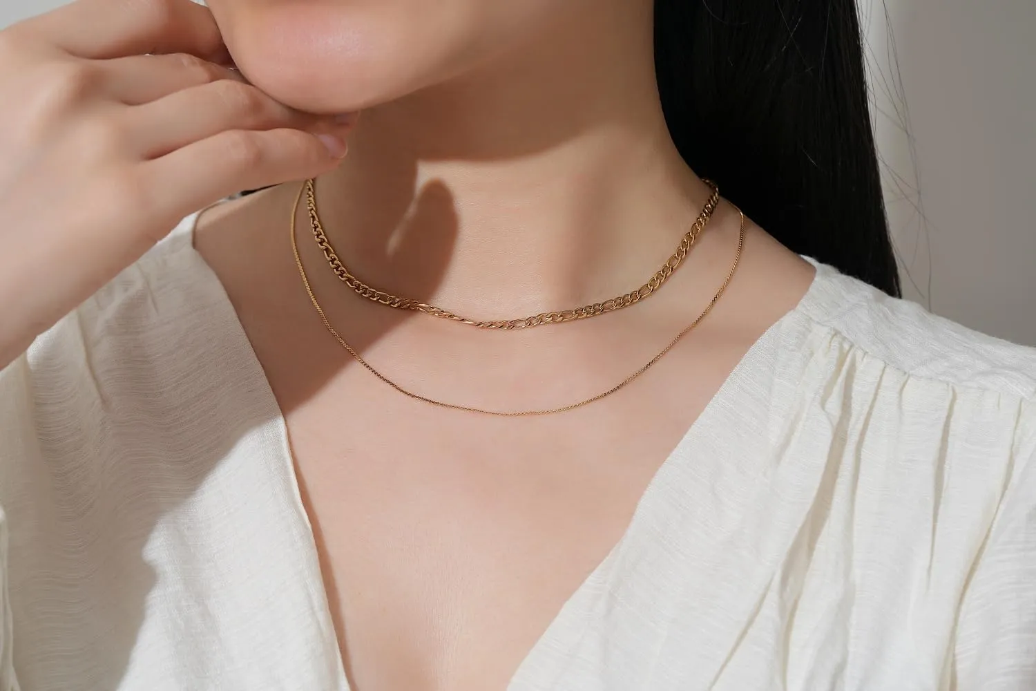 Gold Layered Necklaces for Women, Dainty Gold Choker Necklace,14K Gold Plated Herringbone Cable Link Chain Heart Pendant Necklace Set for Women, Surgical Steel Womens Chain