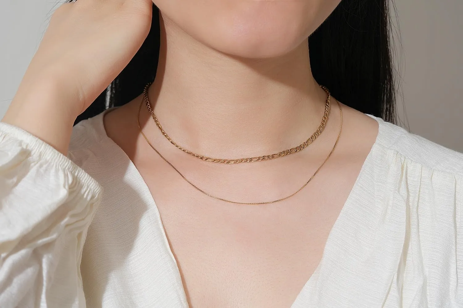 Gold Layered Necklaces for Women, Dainty Gold Choker Necklace,14K Gold Plated Herringbone Cable Link Chain Heart Pendant Necklace Set for Women, Surgical Steel Womens Chain