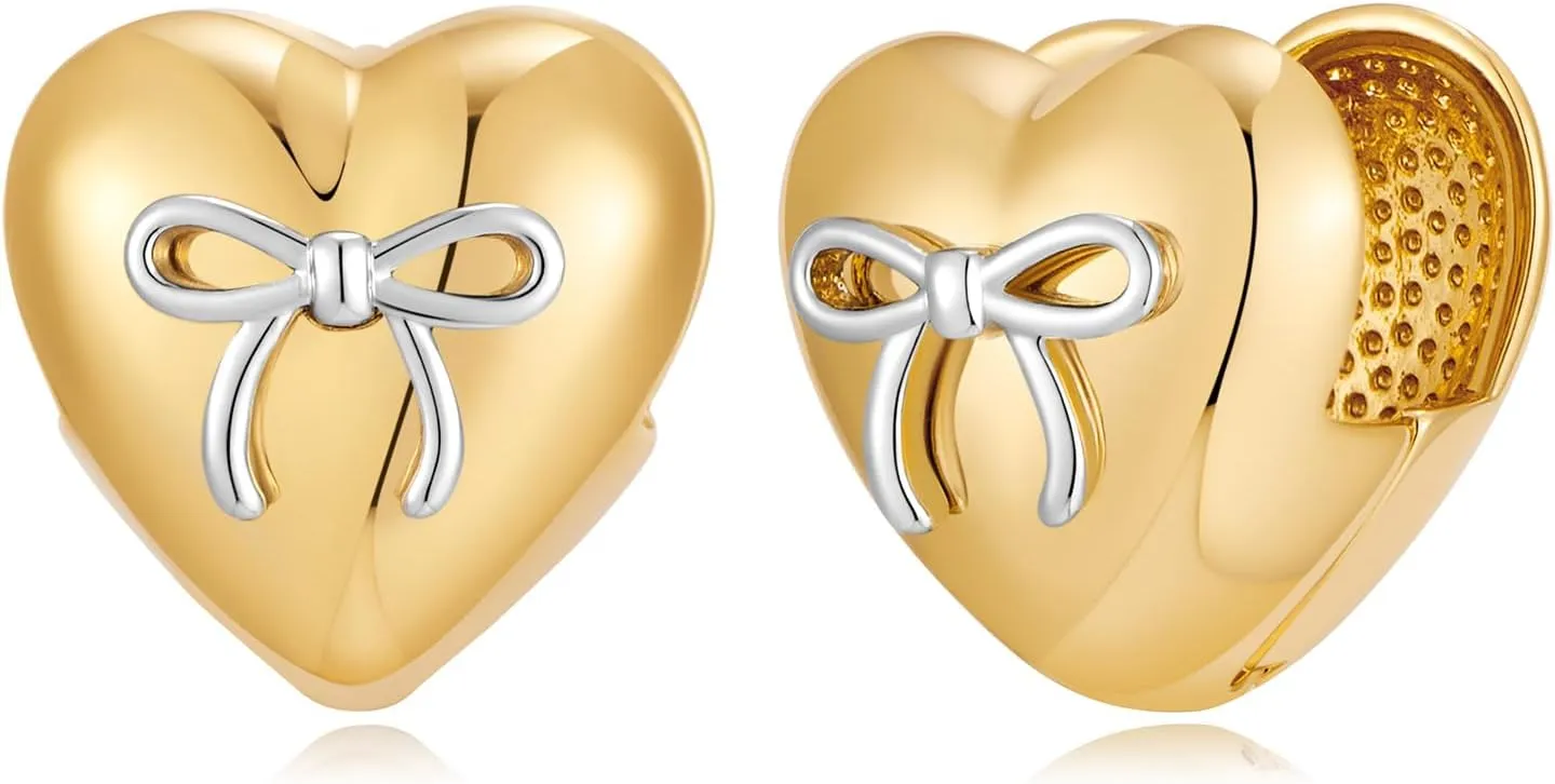 Gold Silver Minimalist Heart Hoop Earrings, Cute Bowknot Design, Hypoallergenic Valentines Gift for Women