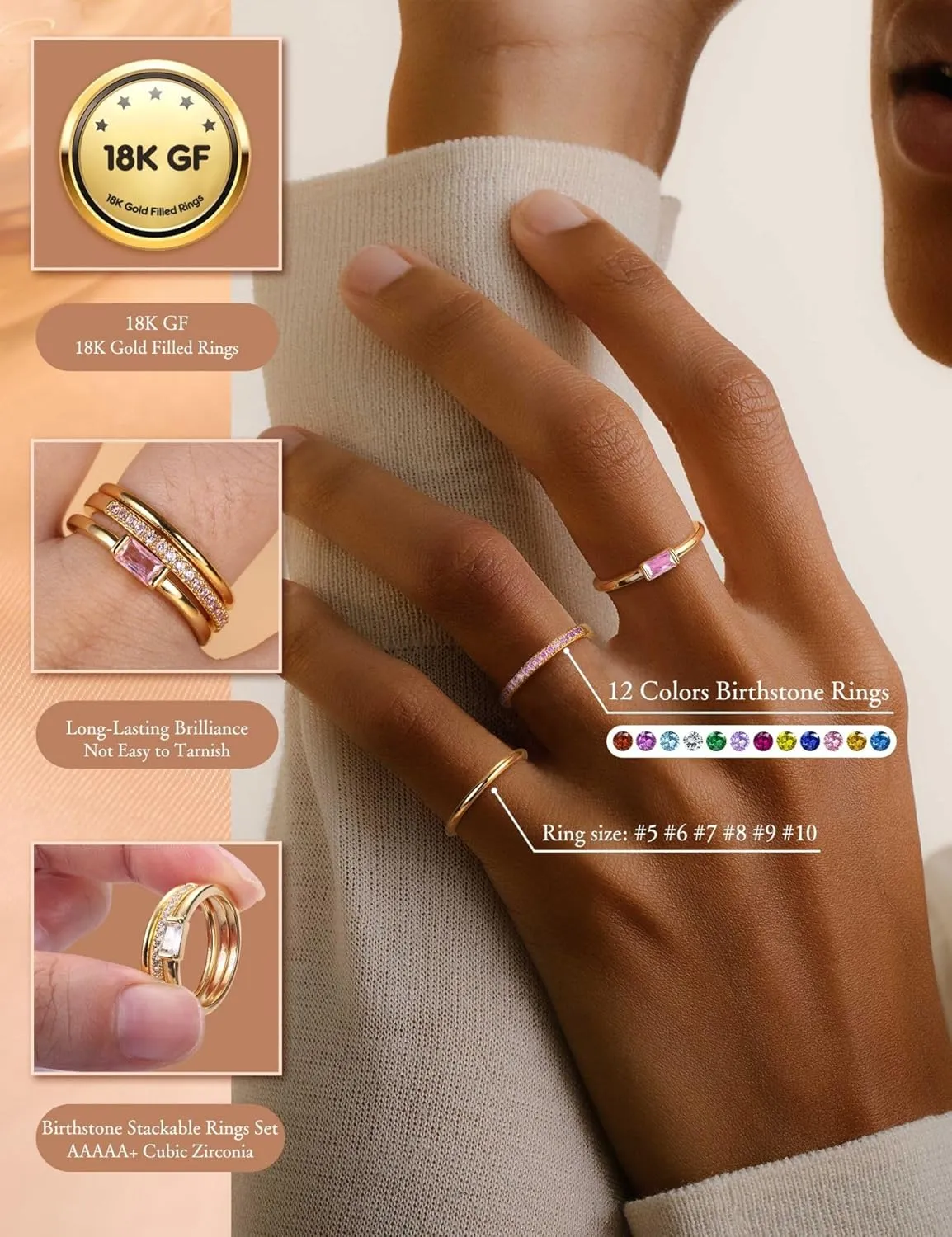Gold Stackable Birthstone Rings for Women - 18K Gold Filled Non Tarnish Dainty Gold Stacking Rings Set - Cubic Zirconia Thumb Knuckle Ring Wedding Engagement Ring for her Gifts Size 6 7 8 9 10 3pcs
