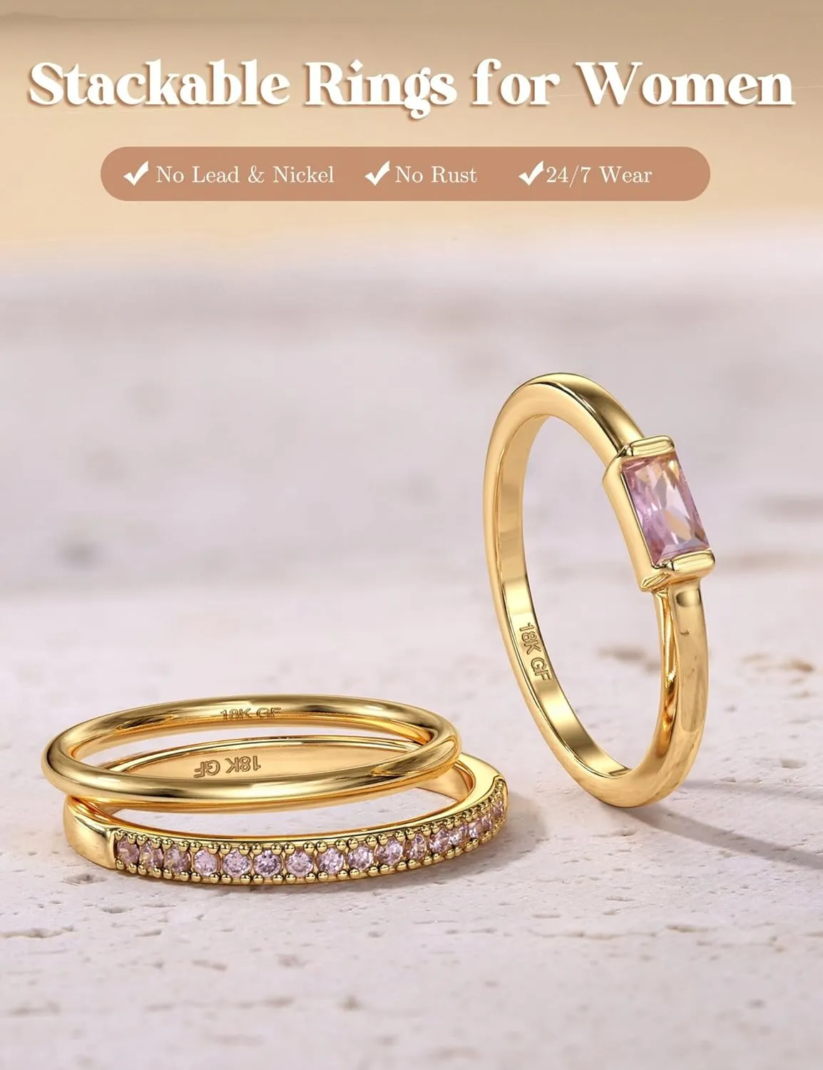Gold Stackable Birthstone Rings for Women - 18K Gold Filled Non Tarnish Dainty Gold Stacking Rings Set - Cubic Zirconia Thumb Knuckle Ring Wedding Engagement Ring for her Gifts Size 6 7 8 9 10 3pcs