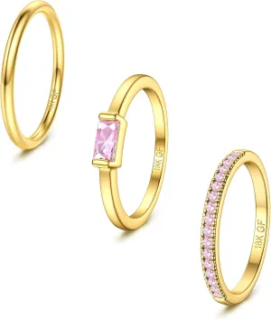 Gold Stackable Birthstone Rings for Women - 18K Gold Filled Non Tarnish Dainty Gold Stacking Rings Set - Cubic Zirconia Thumb Knuckle Ring Wedding Engagement Ring for her Gifts Size 6 7 8 9 10 3pcs