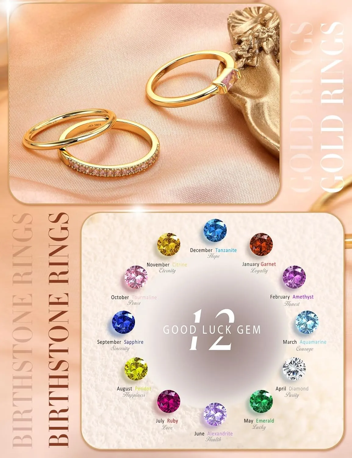Gold Stackable Birthstone Rings for Women - 18K Gold Filled Non Tarnish Dainty Gold Stacking Rings Set - Cubic Zirconia Thumb Knuckle Ring Wedding Engagement Ring for her Gifts Size 6 7 8 9 10 3pcs
