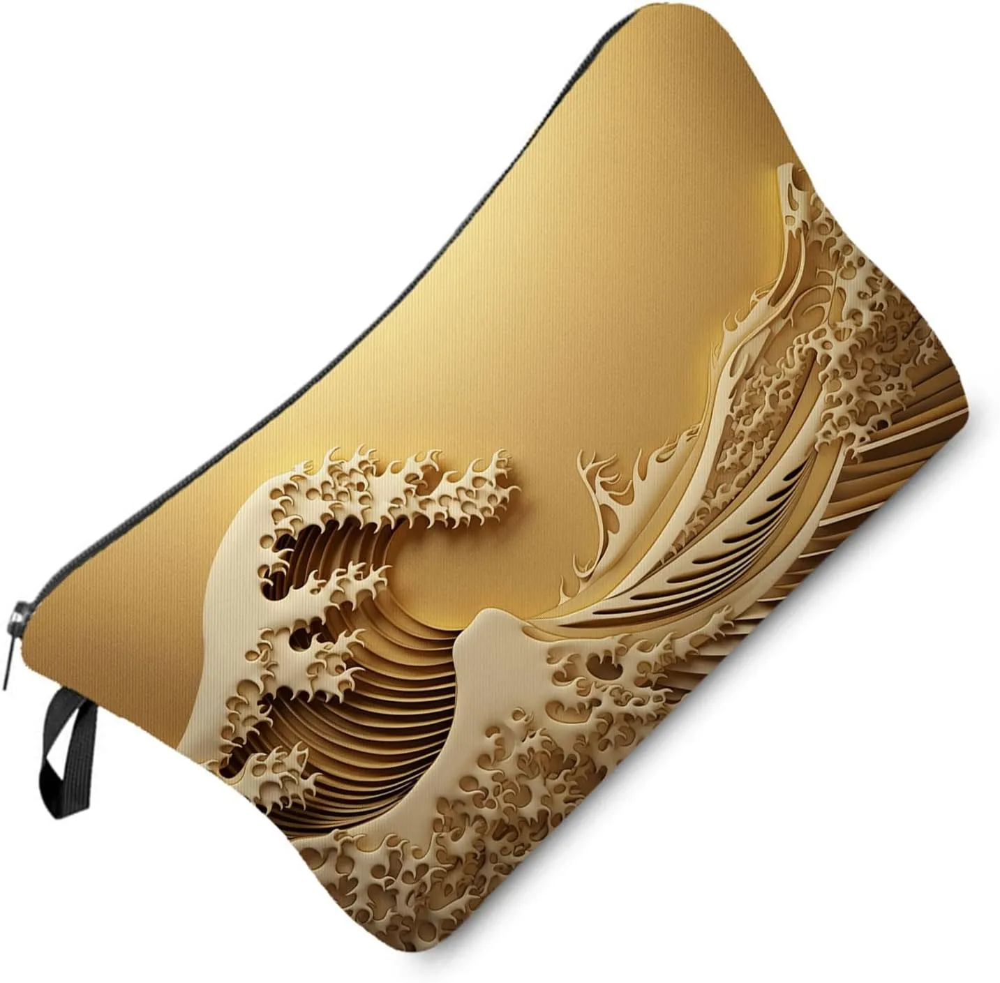 Golden Wave Makeup Bag Papercutting Style Gold Wave Cute Small Organizer Bag Zipper Pouch Golden Sea Wave Cosmetic Bag Present for Women Friends