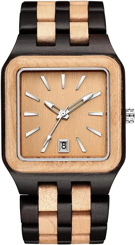 GORBEN Wooden Watches for Men Unique Square Wood Wrist Watch Mens Ebony Maple Red Sandalwood Clock Full Wood Men's Rectangle Wristwatch with Date Movement Handicraft Quartz Watch