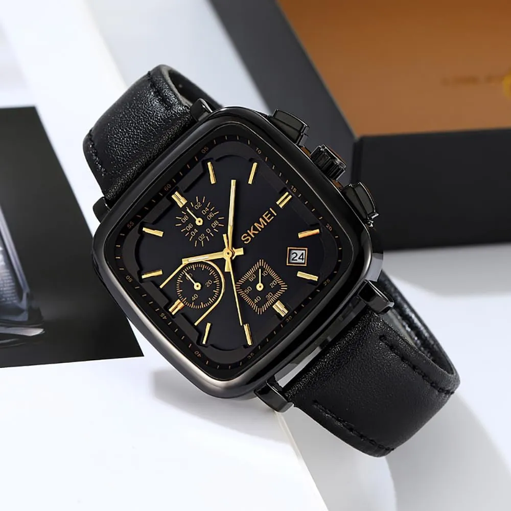 Gosasa Fashion Square Men's Watch Chronograph Business Quartz Watches for Men Date Analog Waterproof Leather Strap Casual Male Wristwatch