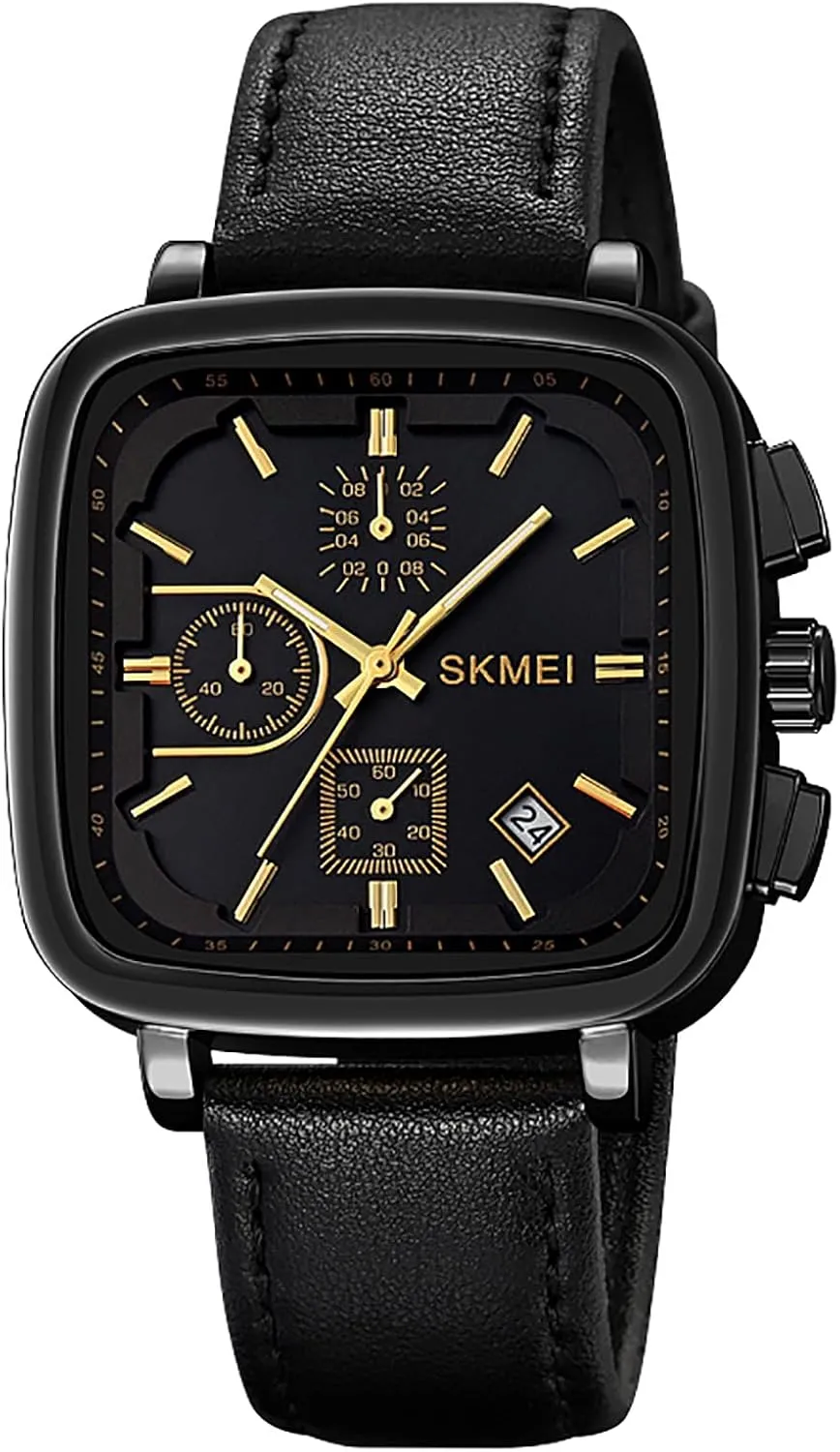 Gosasa Fashion Square Men's Watch Chronograph Business Quartz Watches for Men Date Analog Waterproof Leather Strap Casual Male Wristwatch