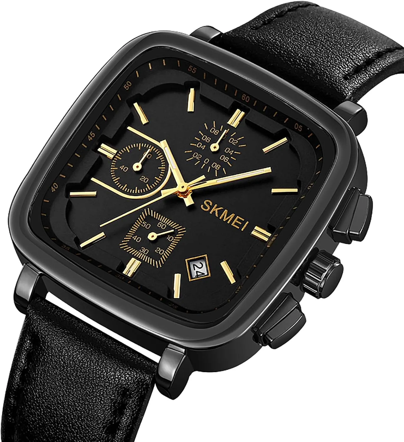 Gosasa Fashion Square Men's Watch Chronograph Business Quartz Watches for Men Date Analog Waterproof Leather Strap Casual Male Wristwatch