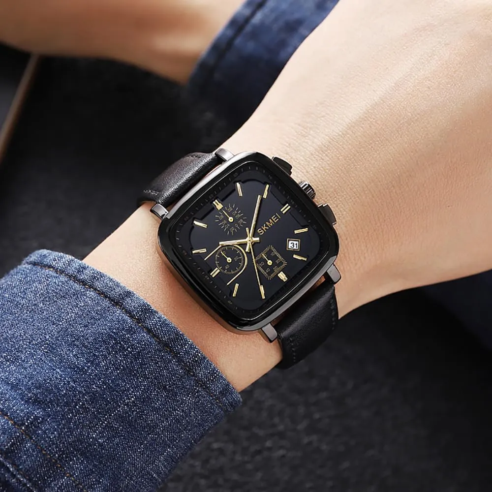 Gosasa Fashion Square Men's Watch Chronograph Business Quartz Watches for Men Date Analog Waterproof Leather Strap Casual Male Wristwatch