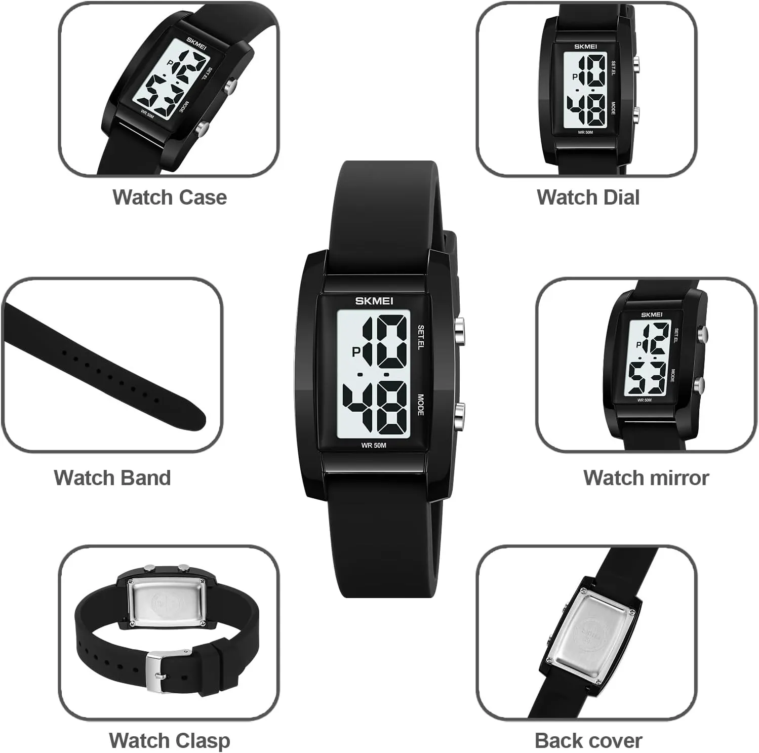 Gosasa Fashion Womens Men's Digital Watch Unisex Big Numbers Dial Rectangular Face Waterproof Silicone Strap LED Watches