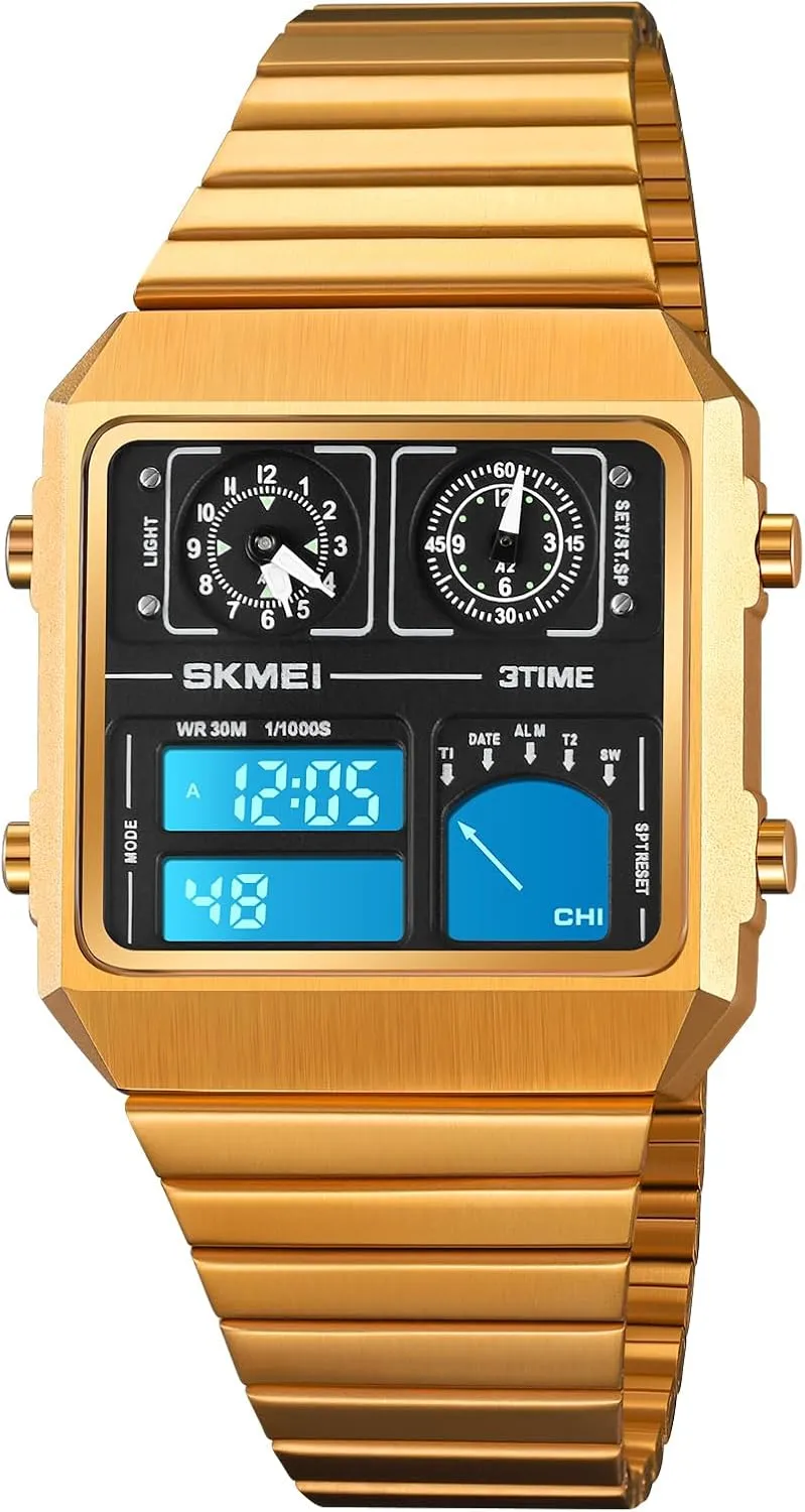 Gosasa Multifunction Square Mens Watches Dual Display Sport Watch for Men Thermometer Date Stainless Steel Fashion Wristwatch Alarm Business Male Quartz Watch