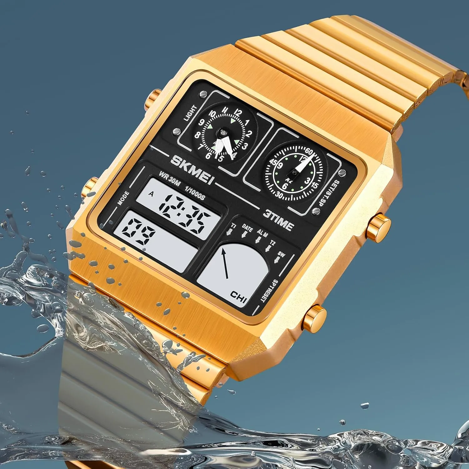 Gosasa Multifunction Square Mens Watches Dual Display Sport Watch for Men Thermometer Date Stainless Steel Fashion Wristwatch Alarm Business Male Quartz Watch