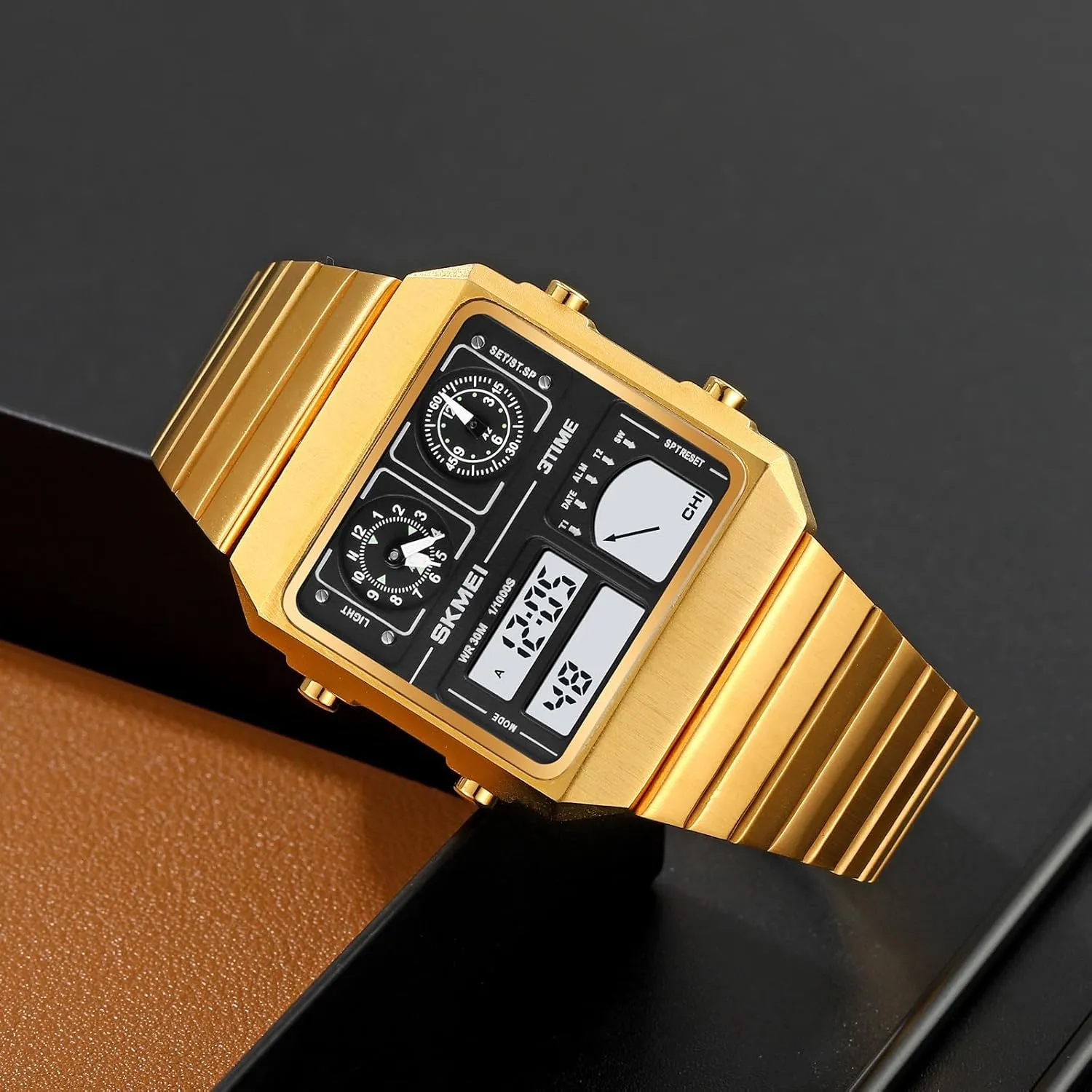Gosasa Multifunction Square Mens Watches Dual Display Sport Watch for Men Thermometer Date Stainless Steel Fashion Wristwatch Alarm Business Male Quartz Watch