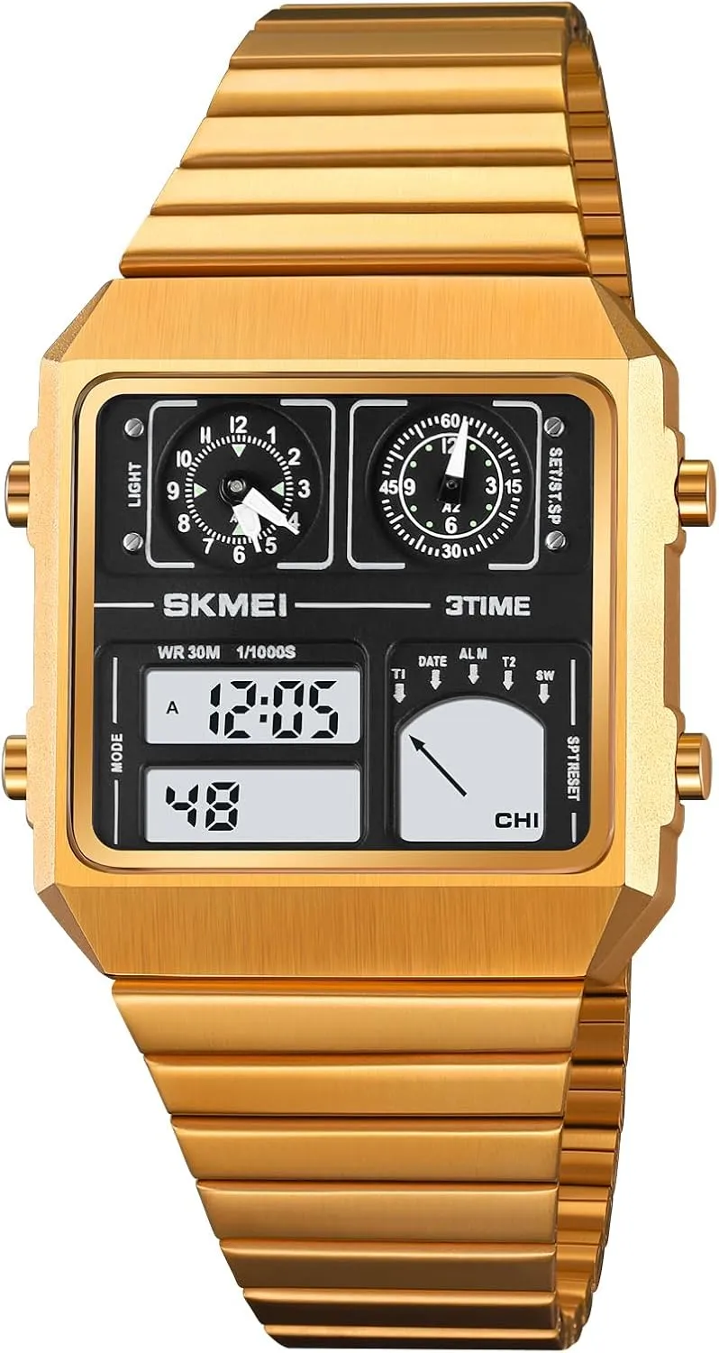 Gosasa Multifunction Square Mens Watches Dual Display Sport Watch for Men Thermometer Date Stainless Steel Fashion Wristwatch Alarm Business Male Quartz Watch