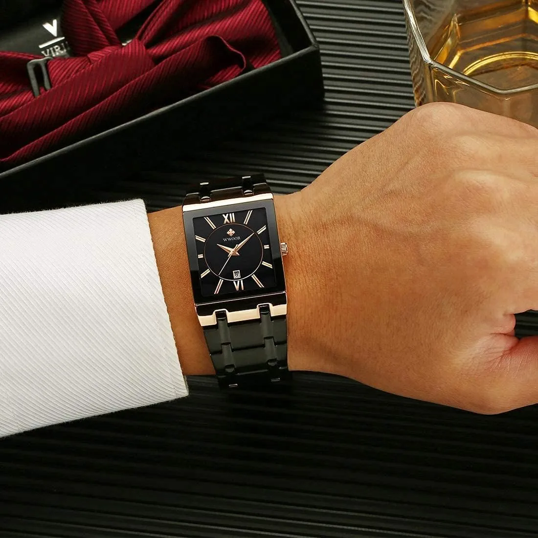 Gosasa Square Men Watches Stainless Steel Strap Fashion Business Watch Calendar Analog Display Quartz Waterproof Trend Male Wristwatch