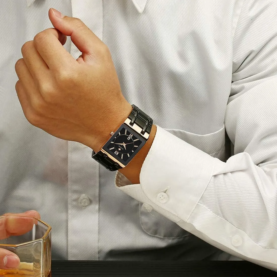 Gosasa Square Men Watches Stainless Steel Strap Fashion Business Watch Calendar Analog Display Quartz Waterproof Trend Male Wristwatch