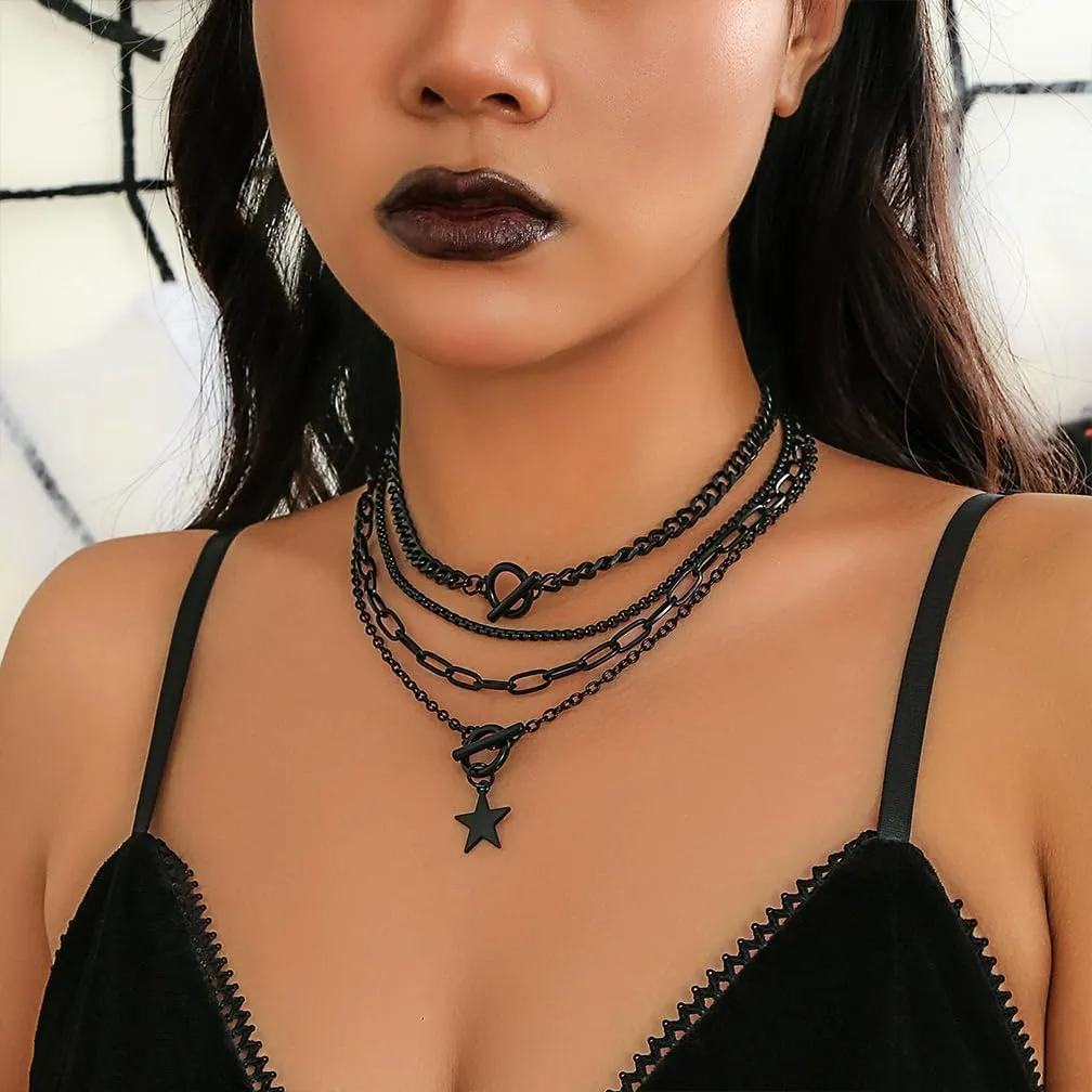 Gothic Black Chain Layered Choker Necklace for Women Chunky Goth Black Grunge OT Buckle Necklaces Darkness Heart/Star/Coin Punk Statement Jewelry Gifts