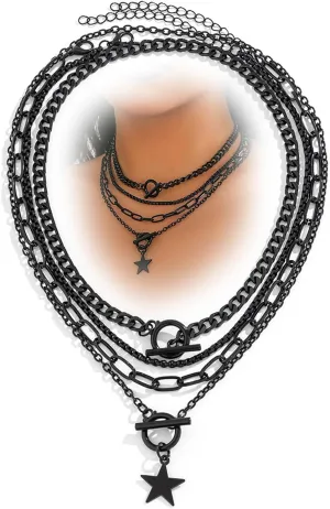 Gothic Black Chain Layered Choker Necklace for Women Chunky Goth Black Grunge OT Buckle Necklaces Darkness Heart/Star/Coin Punk Statement Jewelry Gifts