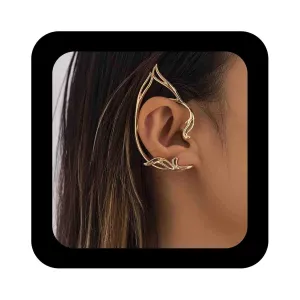 Gothic Elf Ear Wrap Earrings Gold Cat Ear Cuff Earrings Punk Elves Ear Climber Earrings No Piercing Cartilage Earrings Halloween Cosplay Earrings Jewelry for Women(Gold Right)