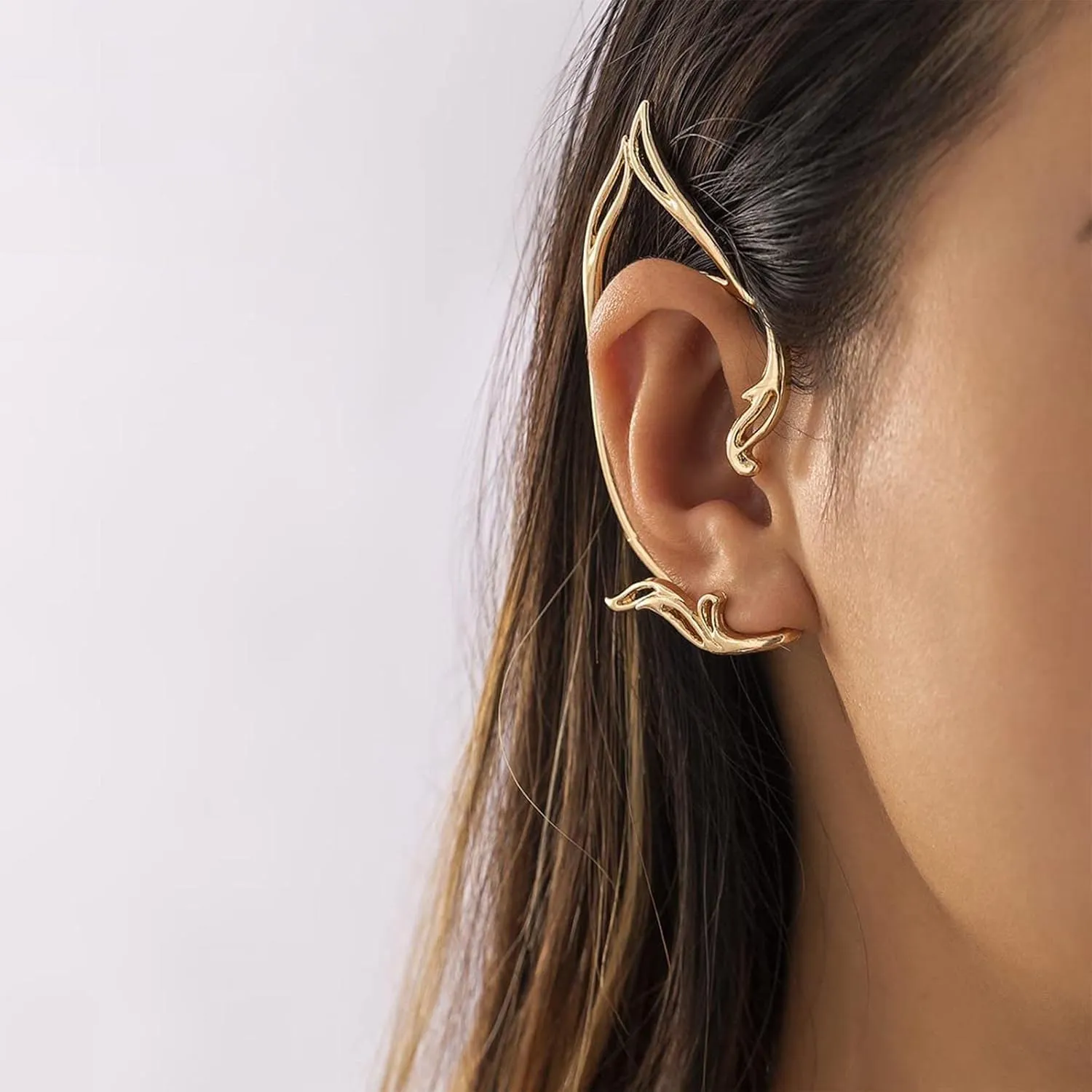 Gothic Elf Ear Wrap Earrings Gold Cat Ear Cuff Earrings Punk Elves Ear Climber Earrings No Piercing Cartilage Earrings Halloween Cosplay Earrings Jewelry for Women(Gold Right)