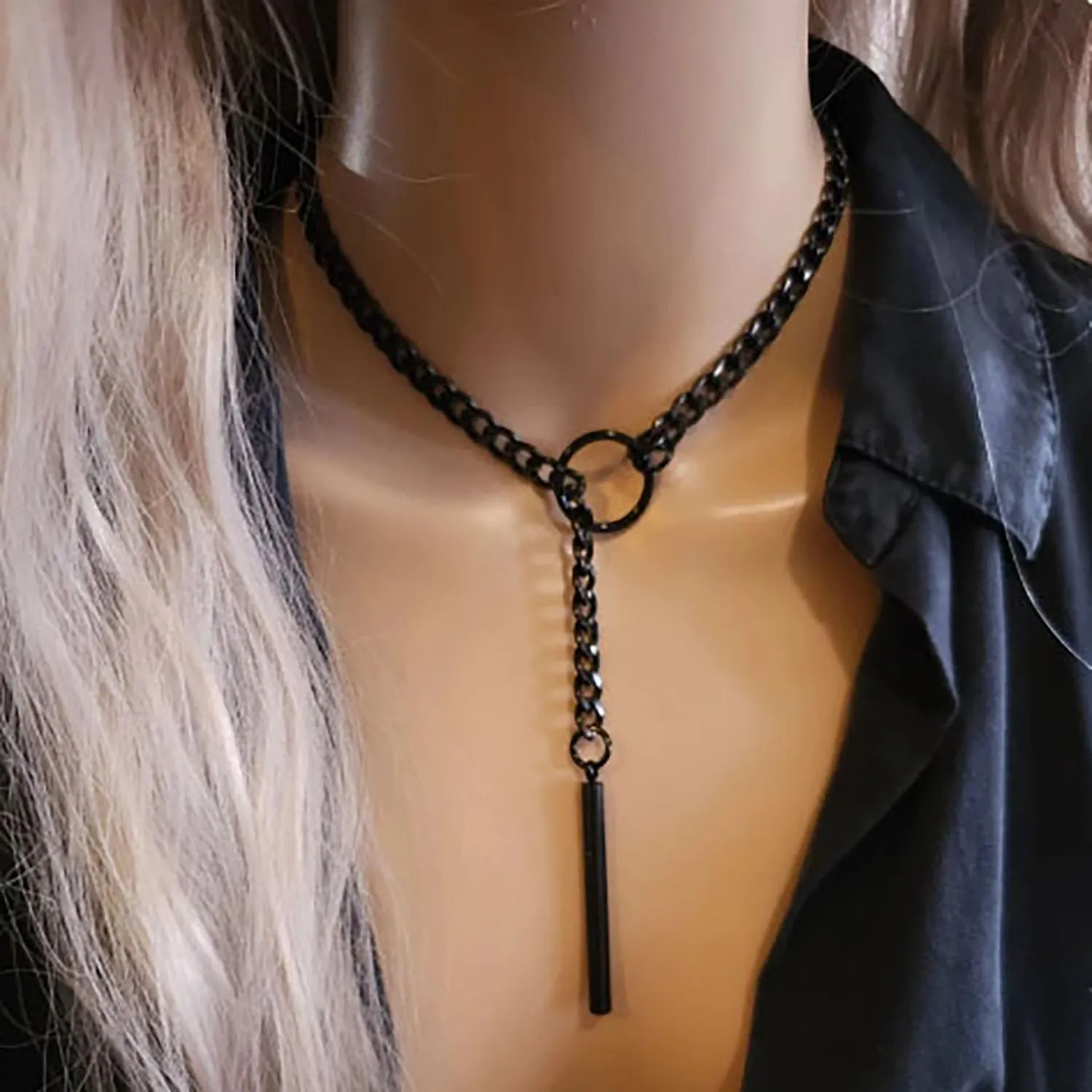 Gothic Necklace for Women Heart O-Ring Slip Chain Necklace Black Choker Necklaces Punk Rock Stainless Steel Cuban Long Chain Necklaces Adjustable Lariat Y-necklace