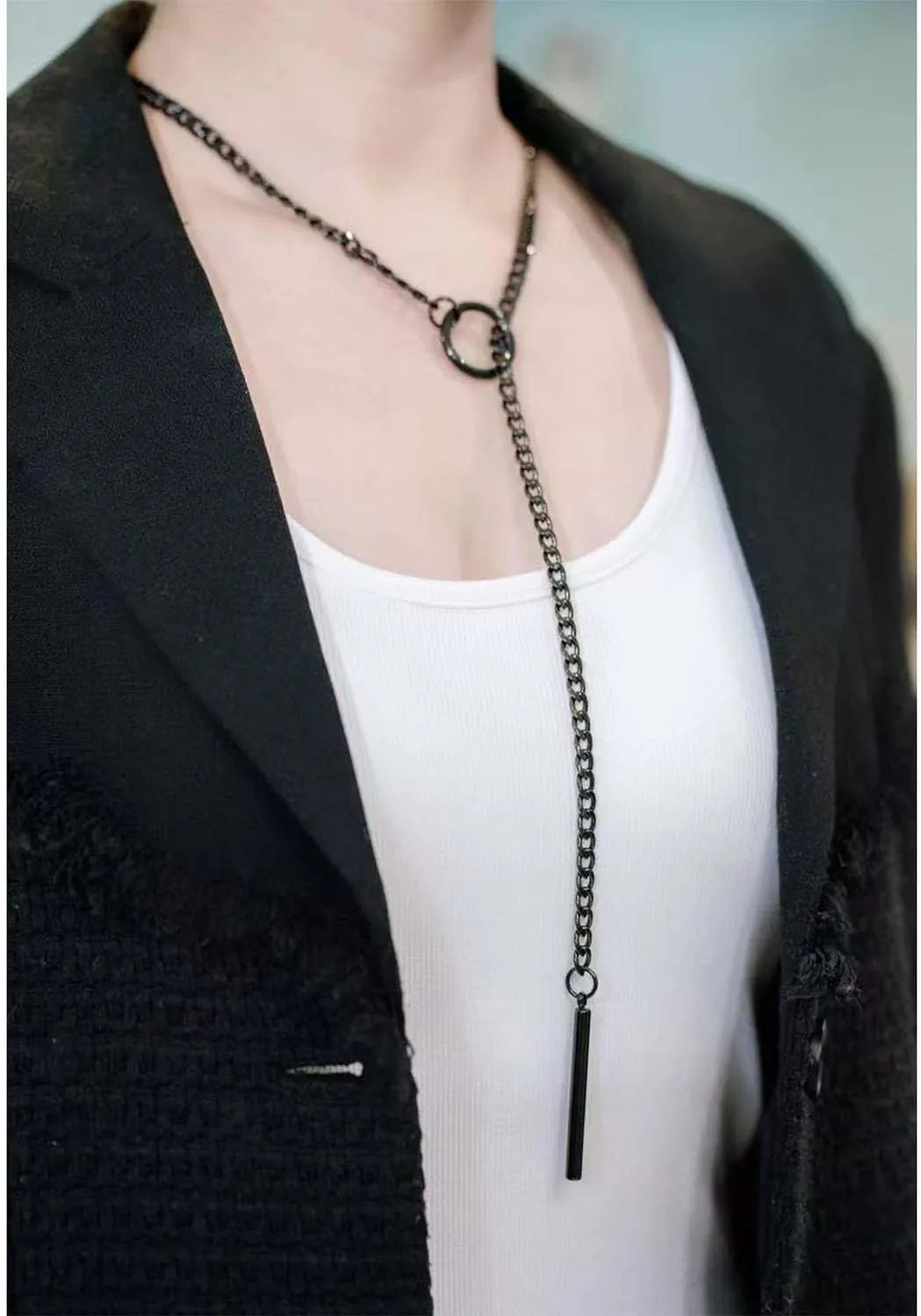 Gothic Necklace for Women Heart O-Ring Slip Chain Necklace Black Choker Necklaces Punk Rock Stainless Steel Cuban Long Chain Necklaces Adjustable Lariat Y-necklace