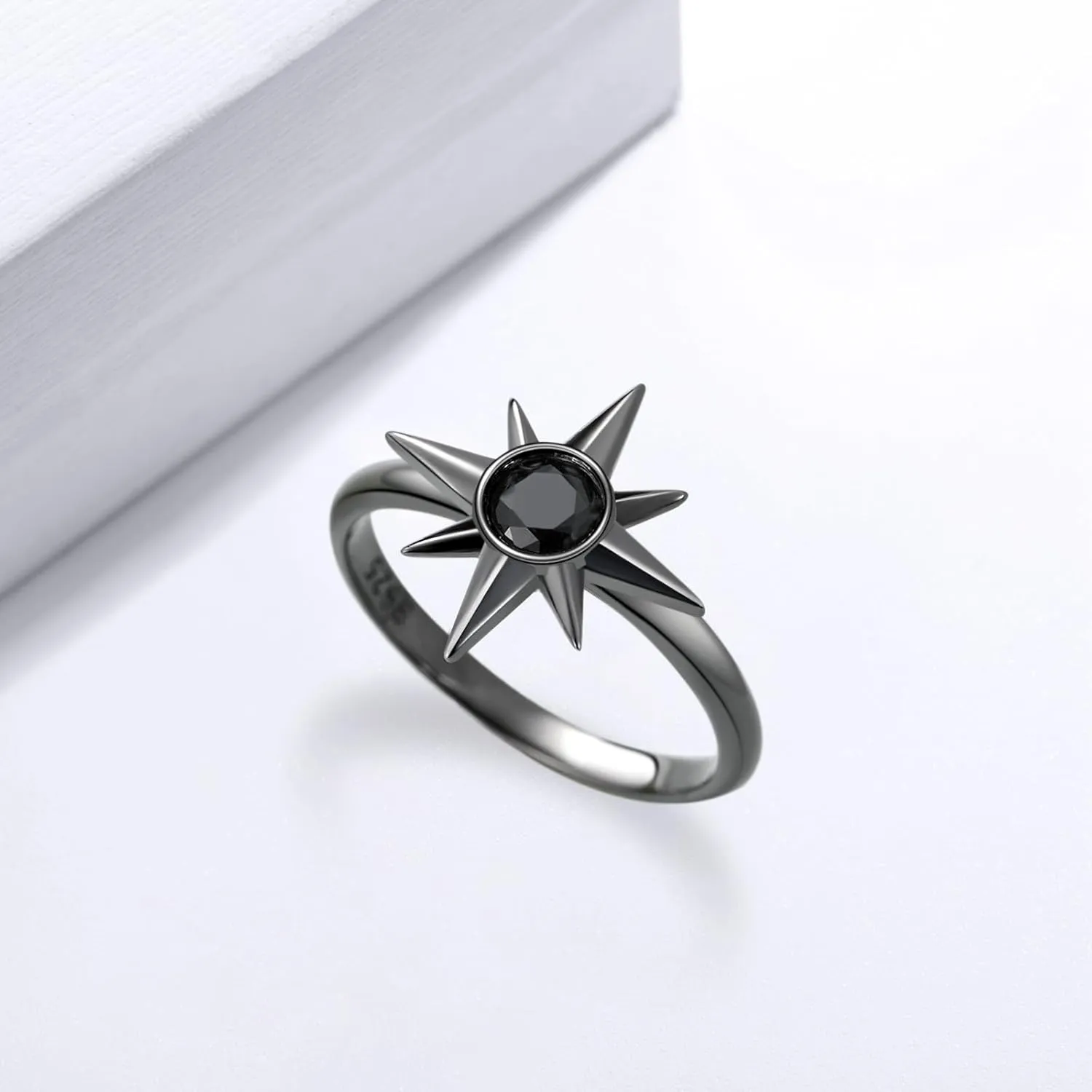 Gothic Starburst Rings S925 Sterling Silver Black CZ Star Rings Vintage Celestial Jewelry for Women