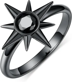 Gothic Starburst Rings S925 Sterling Silver Black CZ Star Rings Vintage Celestial Jewelry for Women