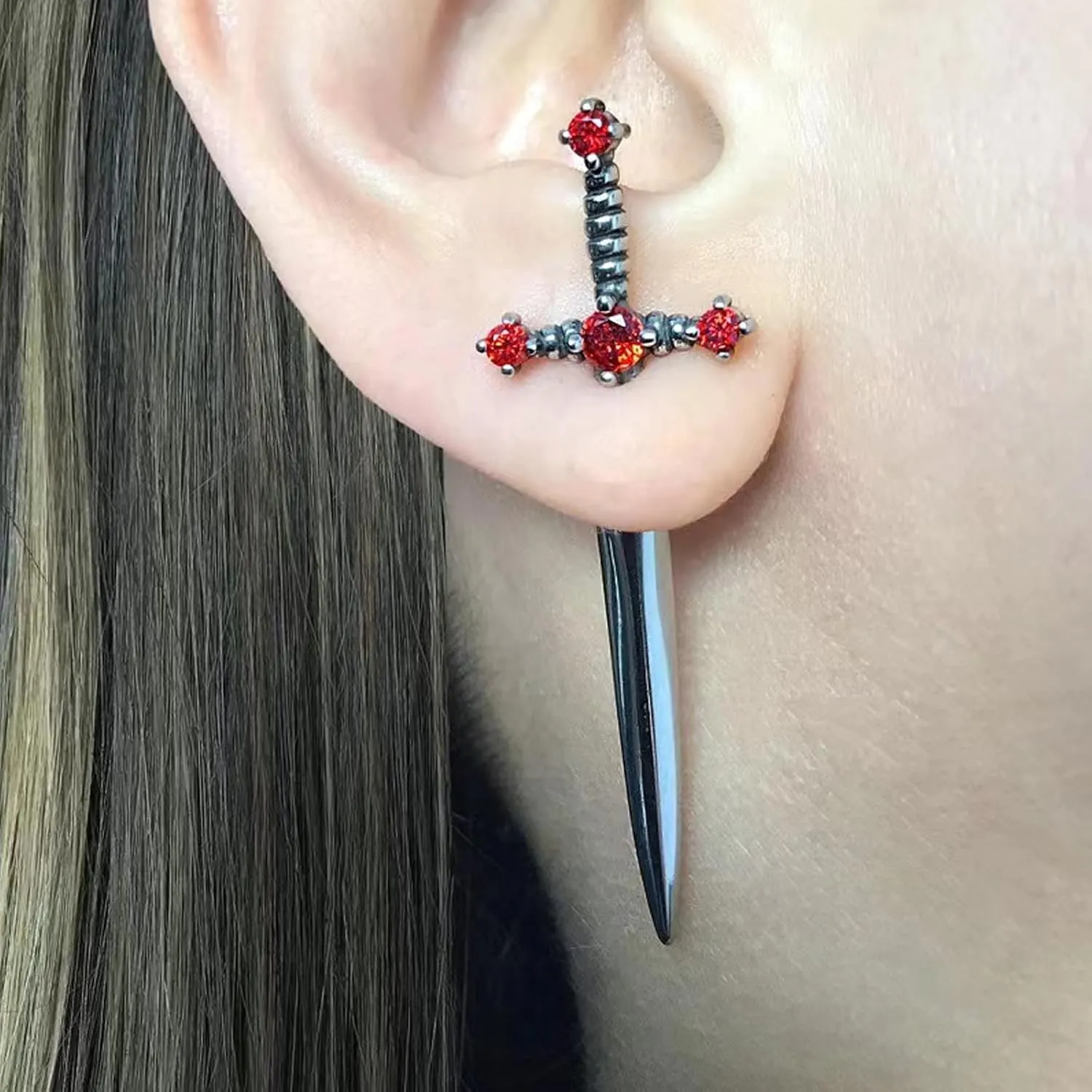 Gothic Sword Earrings Rhinestone Dagger Earrings Black Retro Sword Screw Earrings Cubic Zirconia Punk Sword Earrings Front Back Stud Earrings for Women Men Jewelry