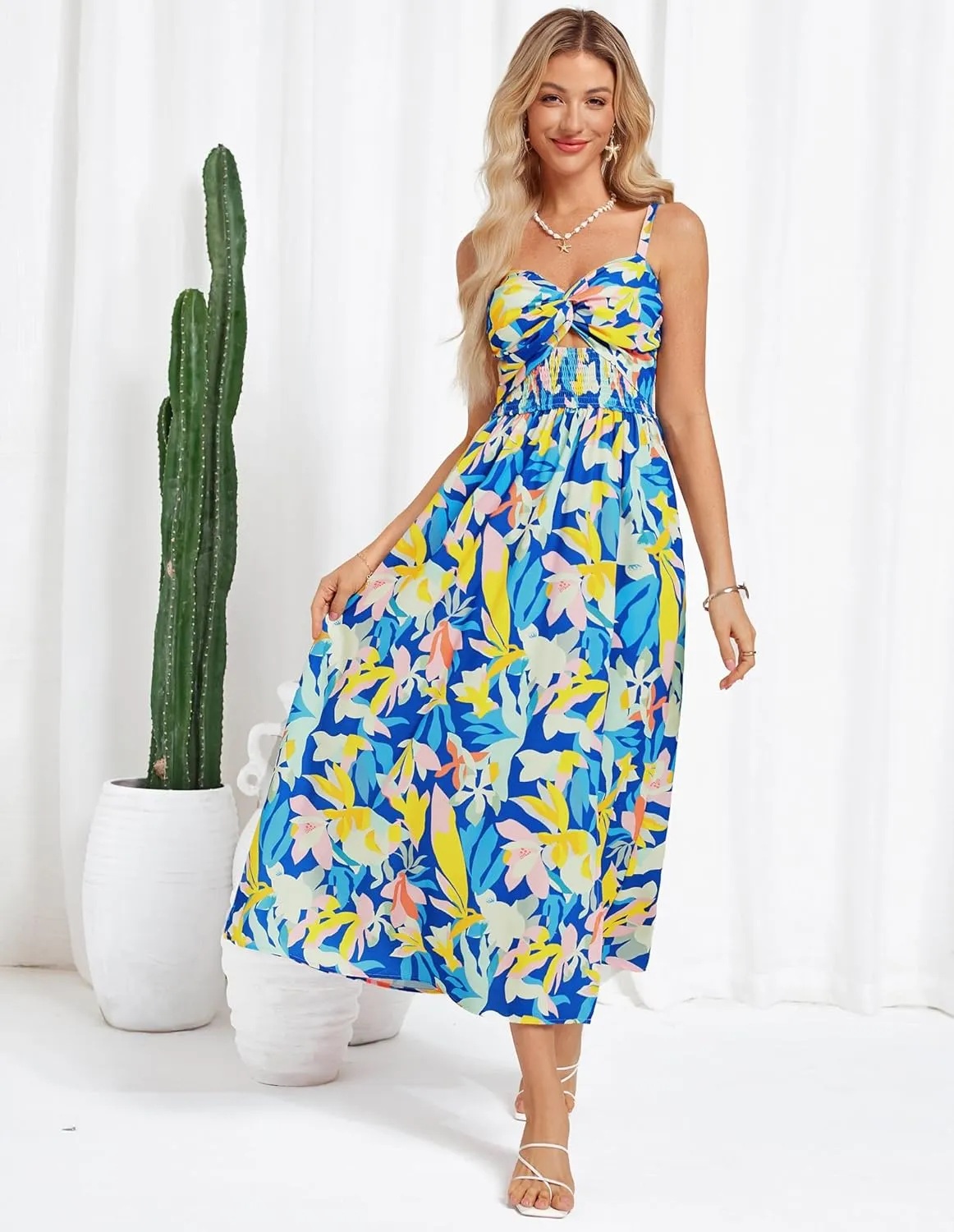 GRACE KARIN 2025 Women's Summer Spaghetti Strap Maxi Dress Smocked Floral Dress Sleeveless Boho Beach Sundress with Pockets