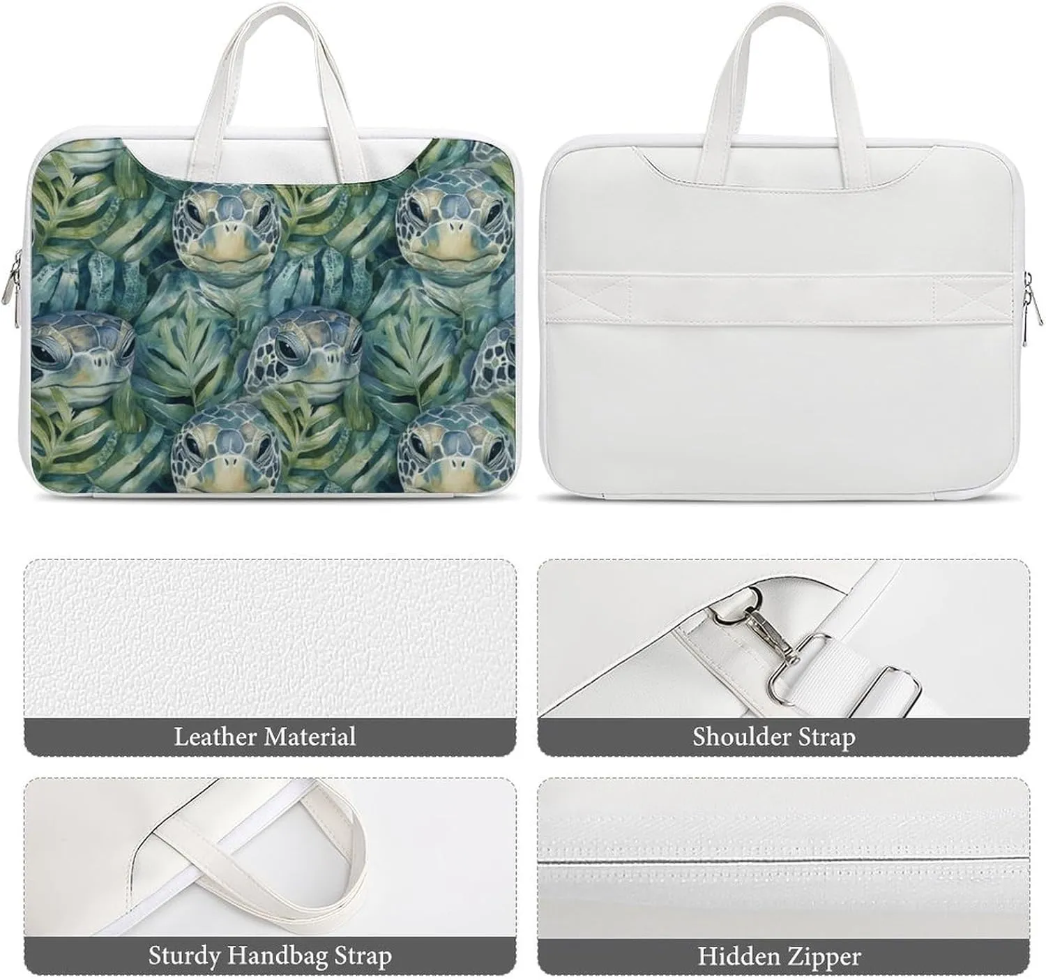 Green Turtles in Monstera Leather Bag Laptop Case Slim Water Resistant Computer Bags with Handle Briefcase for Work