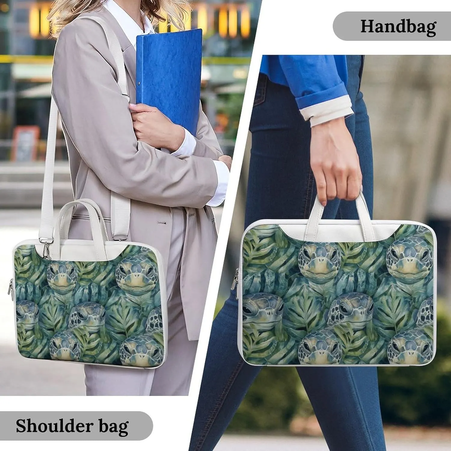 Green Turtles in Monstera Leather Bag Laptop Case Slim Water Resistant Computer Bags with Handle Briefcase for Work
